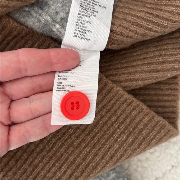 COS Wool Blend Colorblock Cardigan Gray Coral and Camel L EUC - Picture 9 of 9